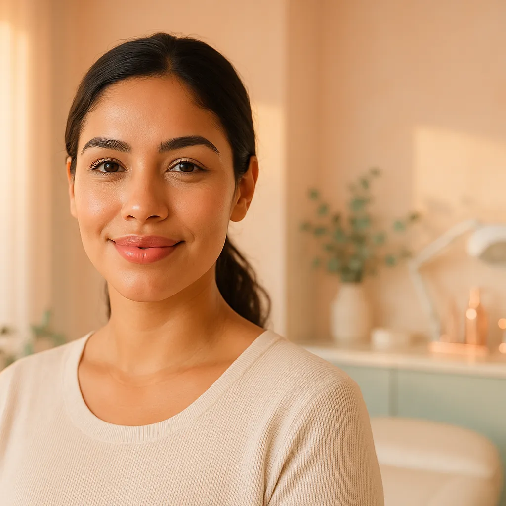 Smiling woman with smooth, glowing skin and defined lips standing in a softly lit room, representing natural results of lip filler treatment in a relaxed, professional setting.