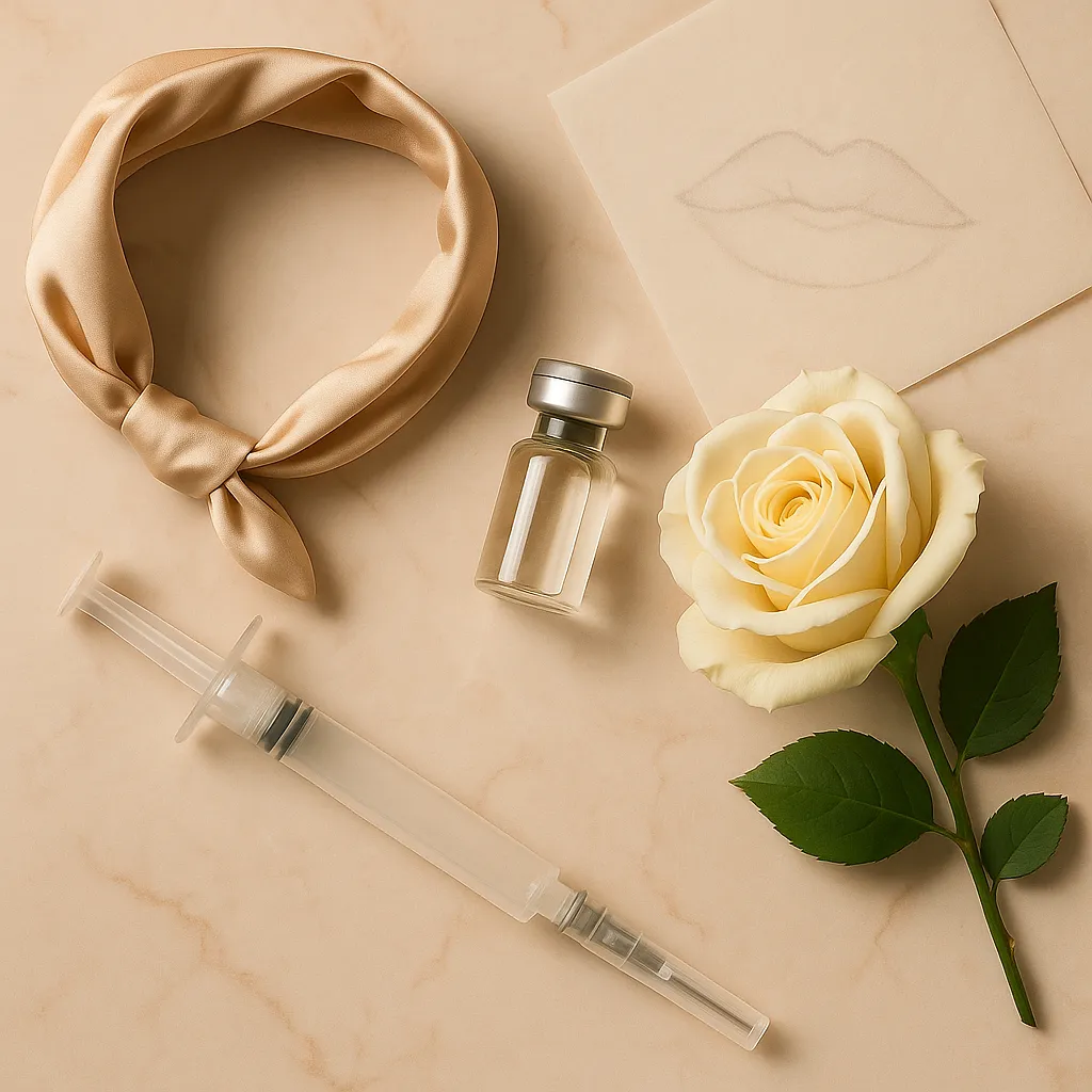 Flat lay of aesthetic lip filler items including a syringe, vial, satin headband, rose, and lip sketch on beige marble background, representing beauty treatment and lip enhancement planning.