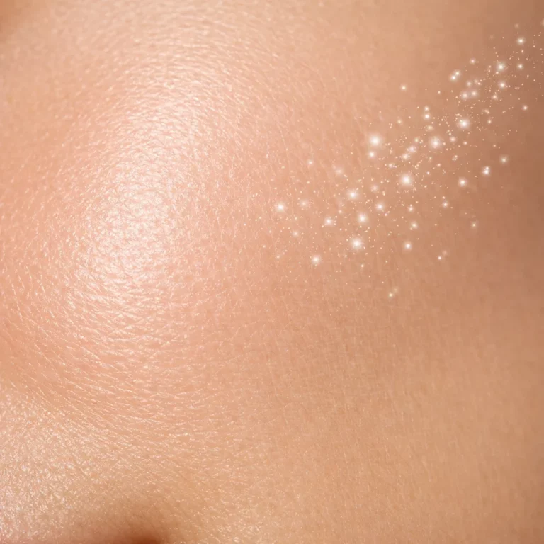 Extreme close-up of smooth, radiant skin with a luminous glow and subtle light sparkles highlighting skincare results