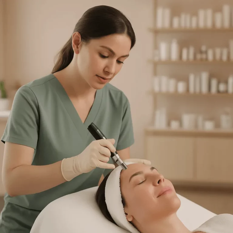 Aesthetic practitioner performing a microneedling treatment on a relaxed client lying on a spa bed in a professional skincare clinic