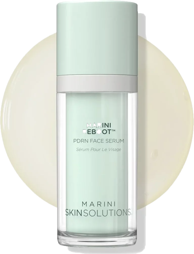 Marini SkinSolutions Reboot PDRN Face Serum bottle with a pale green cap and clear container against a light circular background