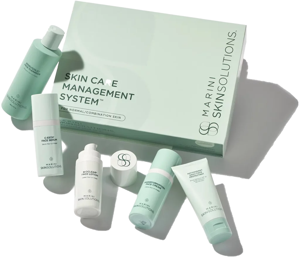 Marini Skin Solutions skin care management system box with several mint and white product bottles arranged around it