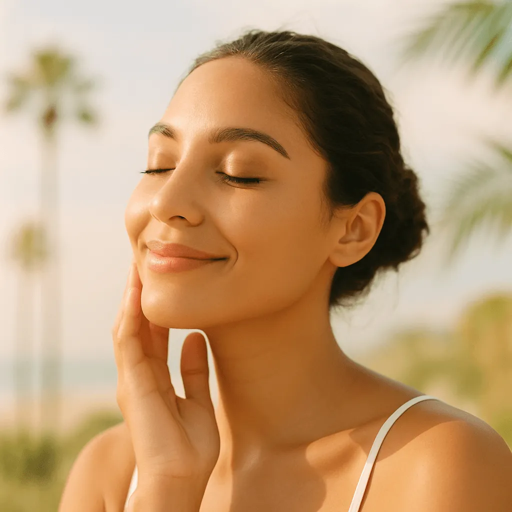 Sun-kissed woman outdoors with eyes closed and serene smile lightly touching her jawline, illustrating relaxed masseter muscles and TMJ relief after Botox jaw-slimming treatment