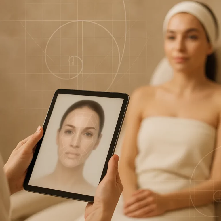 Hands holding a tablet displaying facial analysis lines over a woman’s face, with a spa client in a towel and headband in the background, representing digital skin assessment technology
