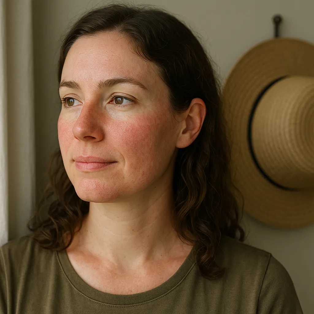 Woman with mild facial redness looking out a window while wearing a green shirt, with a straw hat hanging on the wall behind her