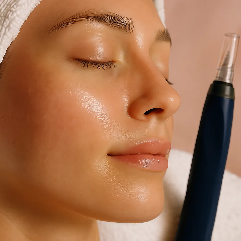 Close-up of a woman’s face with glowing skin and closed eyes, showing a microneedling device held near her cheek in a skincare treatment setting.