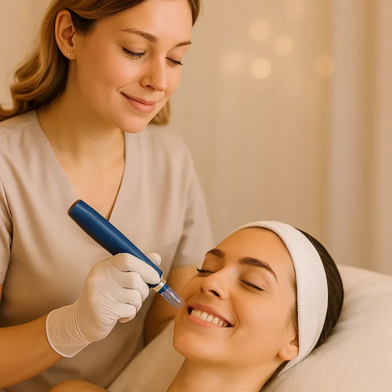 Esthetician performing microneedling treatment on a smiling woman lying on a spa bed with a white headband in a calm, softly lit setting.