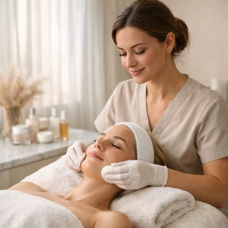 esthetician performing a facial treatment on a relaxed woman at a spa with skincare products in the background
