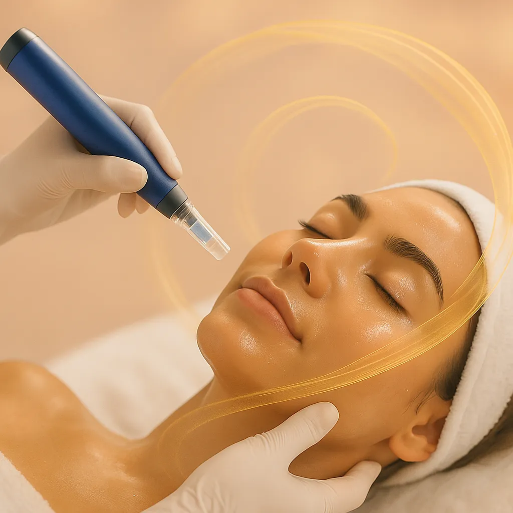 Woman receiving a microneedling treatment with closed eyes, wearing a white headband, as a professional holds a microneedling pen near her face with glowing swirl graphics suggesting rejuvenation.