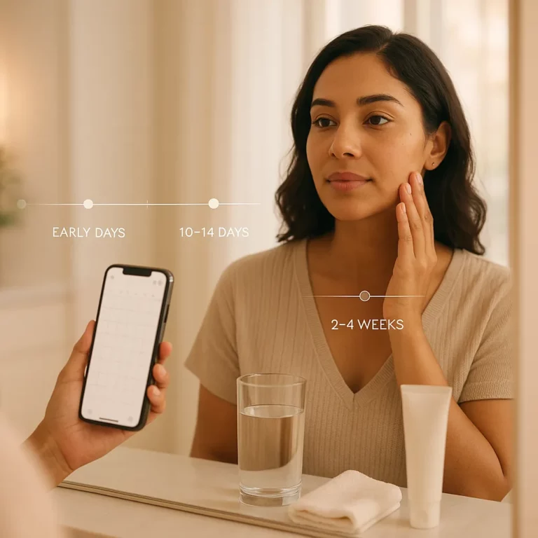 Woman touching her face while looking at a smartphone app timeline showing early days to 2–4 weeks skincare results, with glass of water and skincare product on table