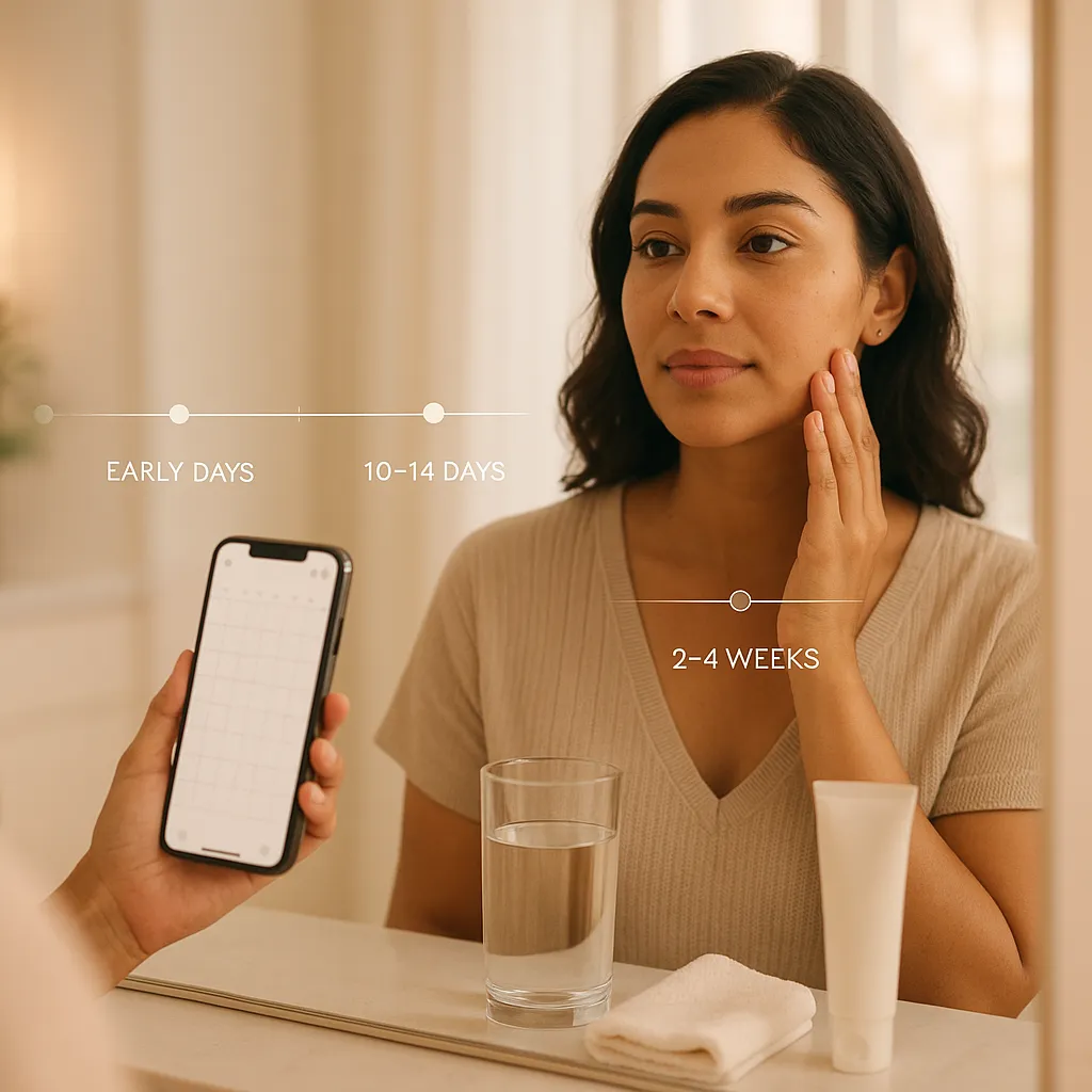 Woman touching her face while looking at a smartphone app timeline showing early days to 2–4 weeks skincare results, with glass of water and skincare product on table