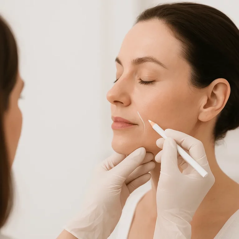 Aesthetic practitioner marking treatment areas on a woman's cheek with a white pencil before a cosmetic procedure.