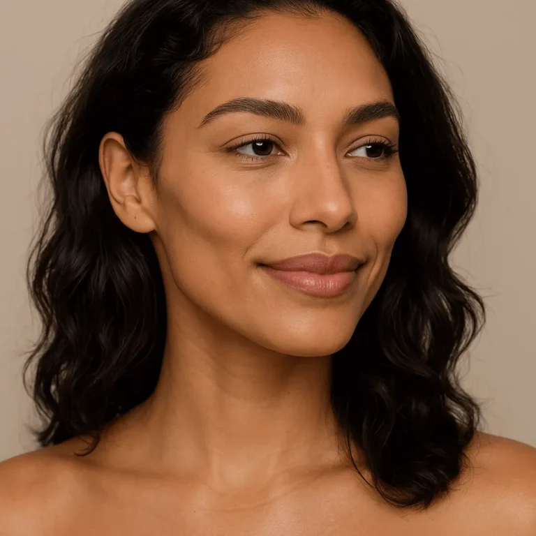 Portrait of a woman with smooth, glowing skin and natural makeup, smiling softly and looking to the side against a neutral background.
