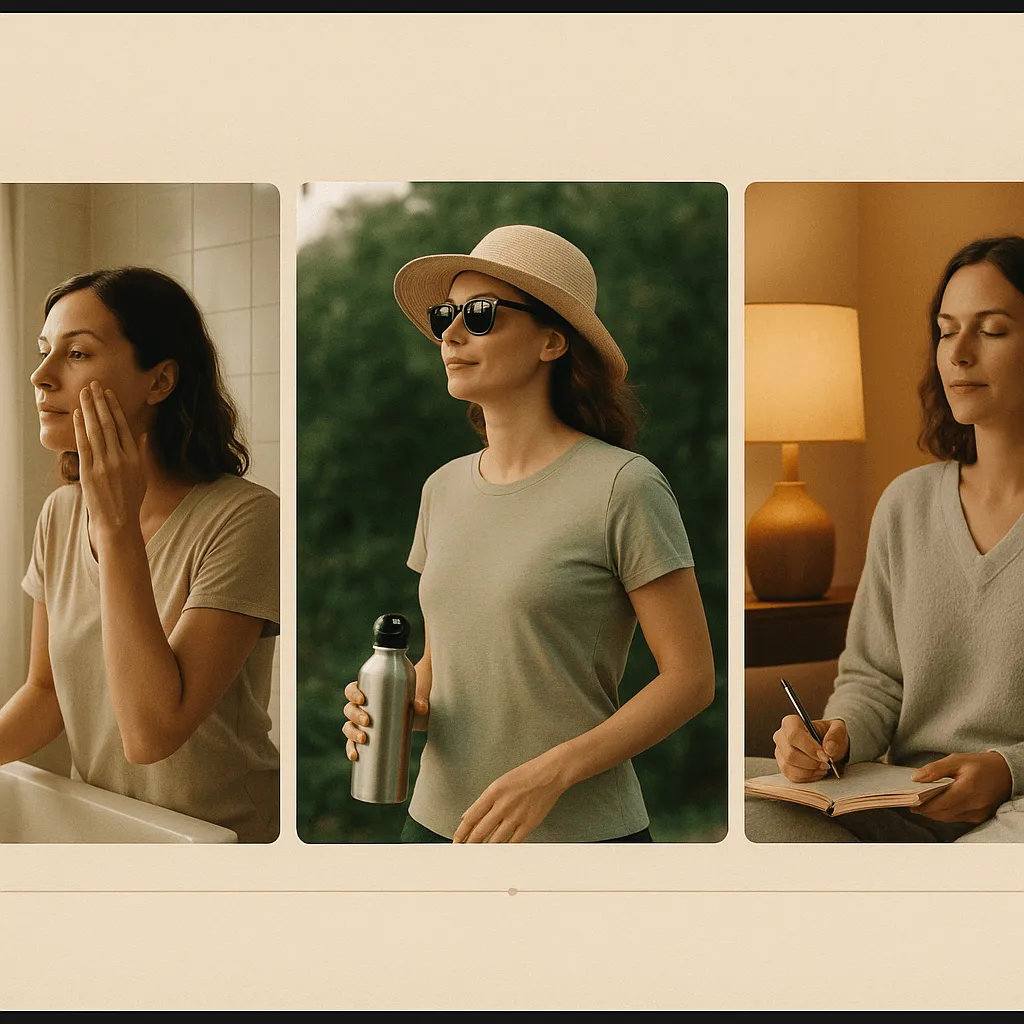 Three-panel collage showing a woman applying skincare in a bathroom, walking outdoors with a sun hat and water bottle, and journaling while relaxing indoors