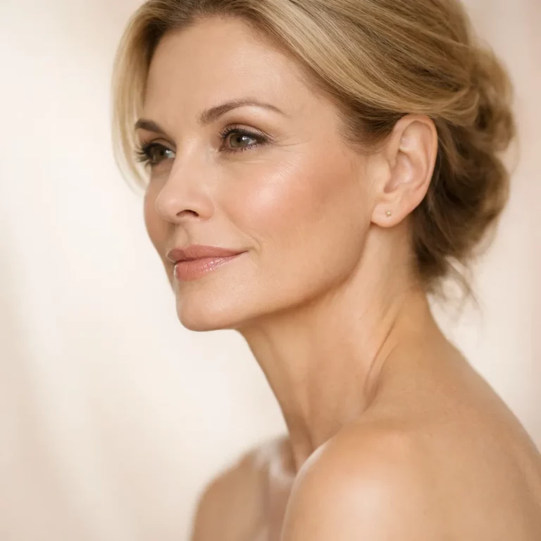 Close-up portrait of a woman with blonde hair in an elegant updo and natural makeup against a soft neutral background