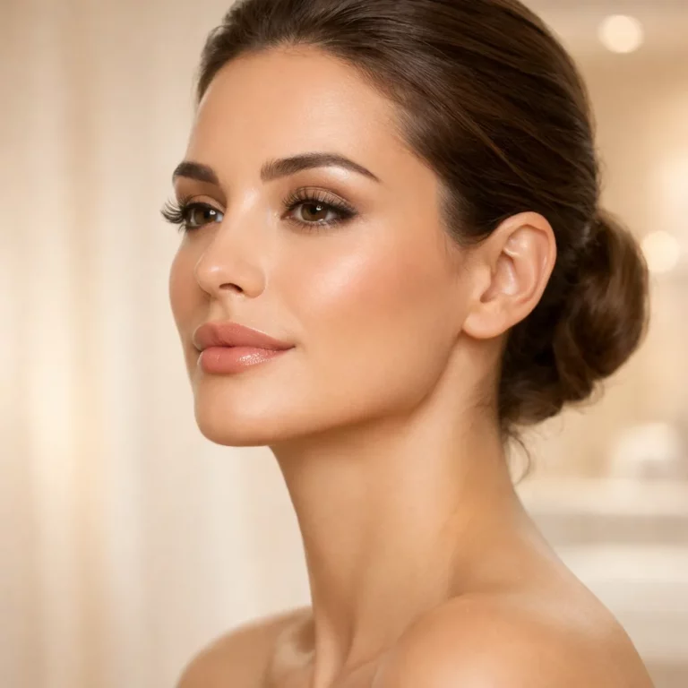 Close-up portrait of a woman with brunette hair in a sleek low bun and natural makeup against a soft neutral background