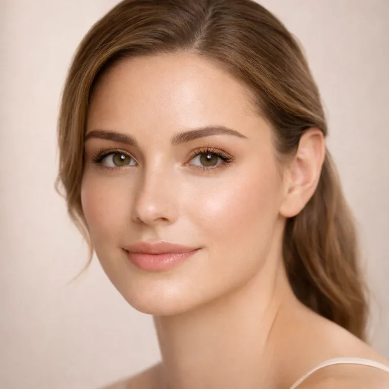 Close-up portrait of a woman with clear glowing skin and natural makeup on neutral background