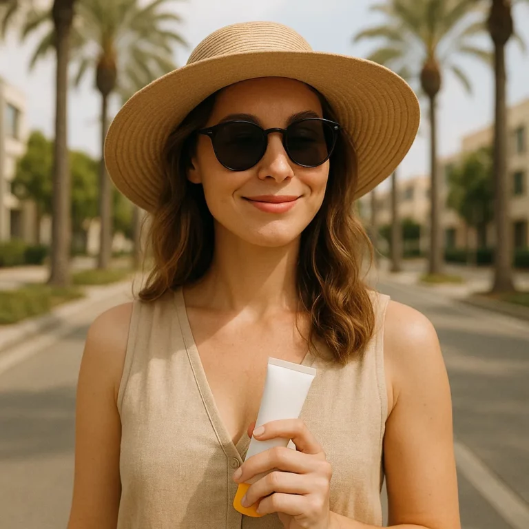 Woman wearing a sun hat and sunglasses holding a tube of sunscreen while standing on a palm tree-lined street on a sunny day