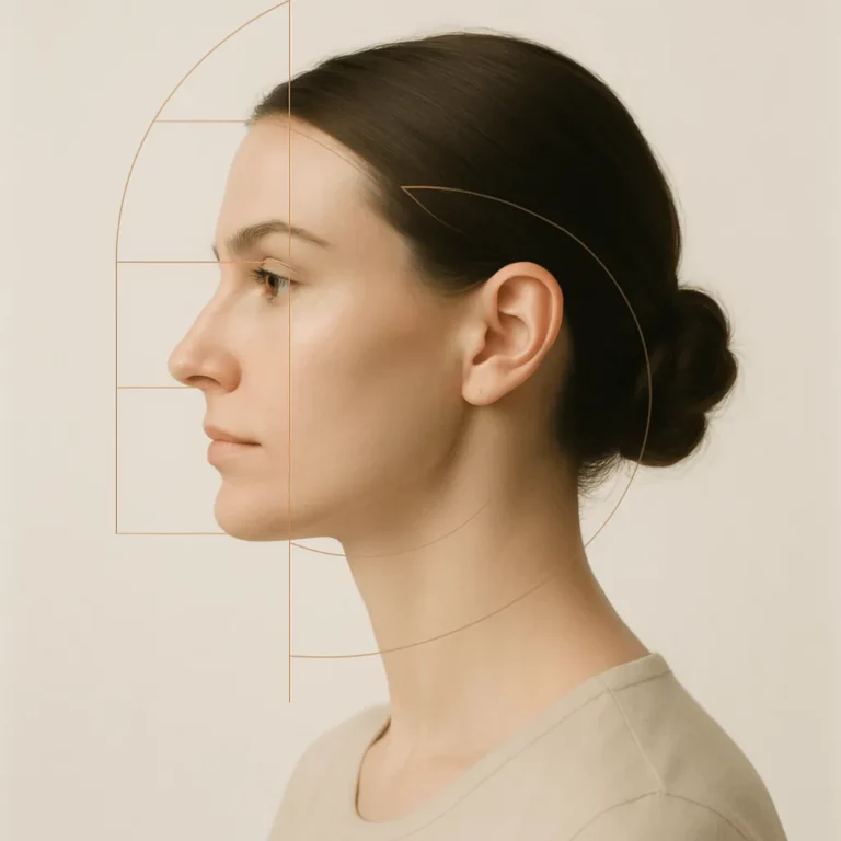 Profile of a woman with geometric golden ratio lines overlaid on her face, symbolizing facial symmetry, aesthetics, and beauty proportions.