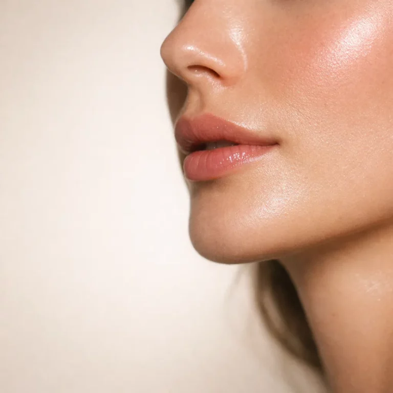 Close-up side profile of a woman’s lips, nose, and jawline with smooth glowing skin, minimal makeup, and natural beauty focus