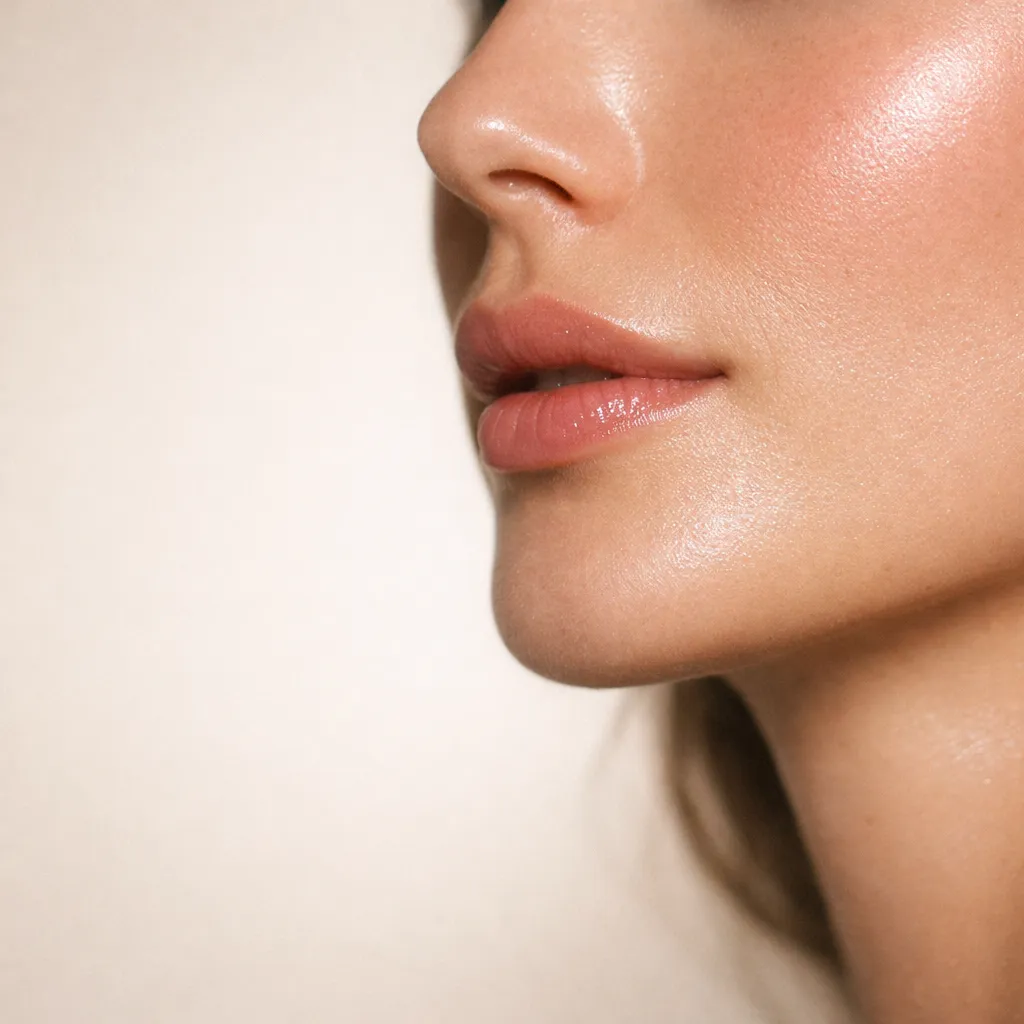 Close-up side profile of a woman’s lips, nose, and jawline with smooth glowing skin, minimal makeup, and natural beauty focus