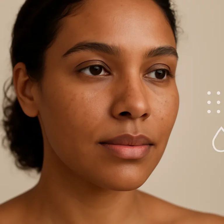Close-up of a woman with natural, makeup-free skin against a neutral background, highlighting even complexion and skincare hydration concept