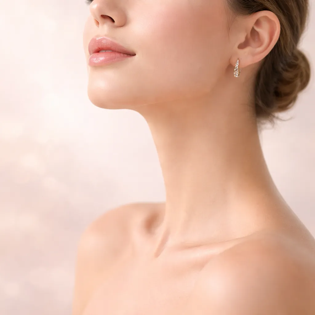 Close-up beauty portrait of a woman’s neck, jawline, and lips with natural makeup and small hoop earrings against a soft pastel background