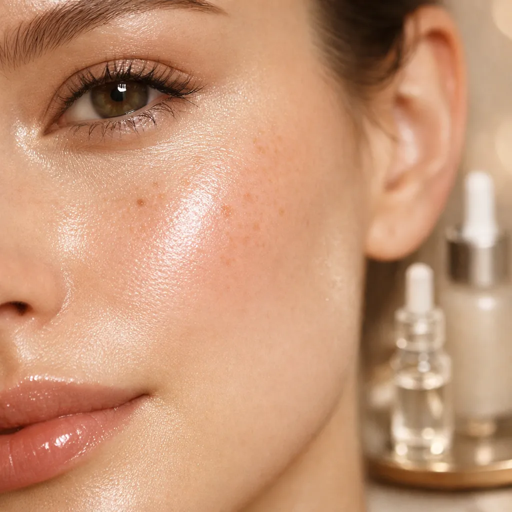 Close-up of a woman's face showing glowing, dewy skin with natural freckles, smooth complexion, and skincare serum bottles blurred in the background