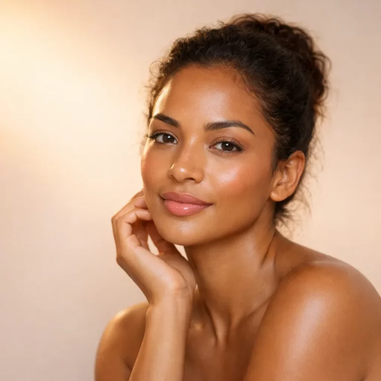 Close-up portrait of a woman with natural glowing skin, soft makeup, and hair pulled back, resting her chin on her hand against a warm neutral background