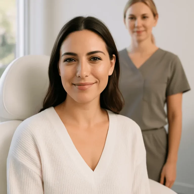 Smiling woman sitting in a clinic chair with a medical professional standing behind her, representing a positive aesthetic treatment experience.