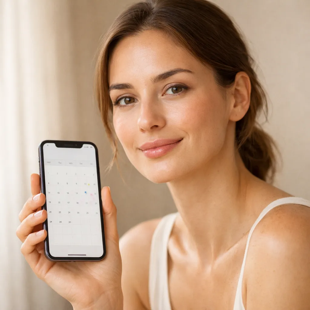 Portrait of a woman holding a smartphone displaying a calendar app, smiling softly in natural light indoors
