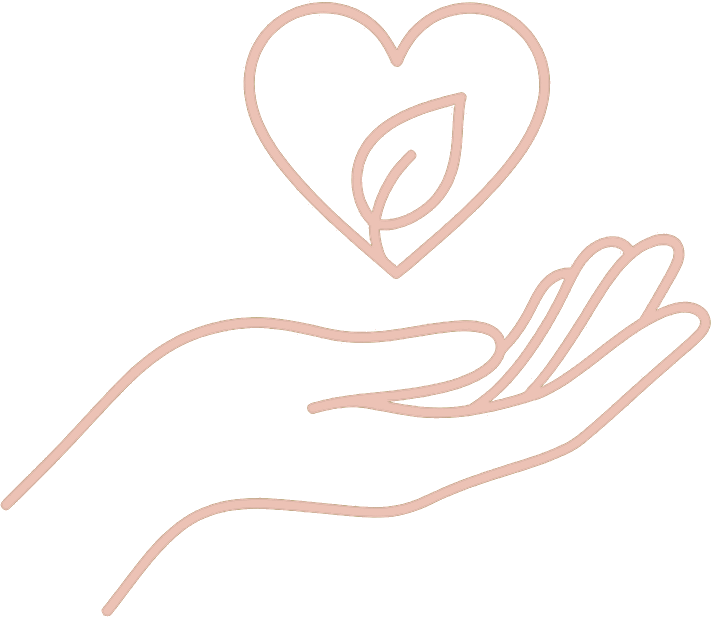 minimalist icon of an open hand holding a heart-shaped symbol with a leaf inside, representing care and sustainability