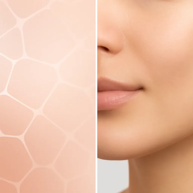 Close-up of a woman’s lower face with smooth, radiant skin, paired with a graphic illustration of skin cells, representing skin rejuvenation and treatment effects.