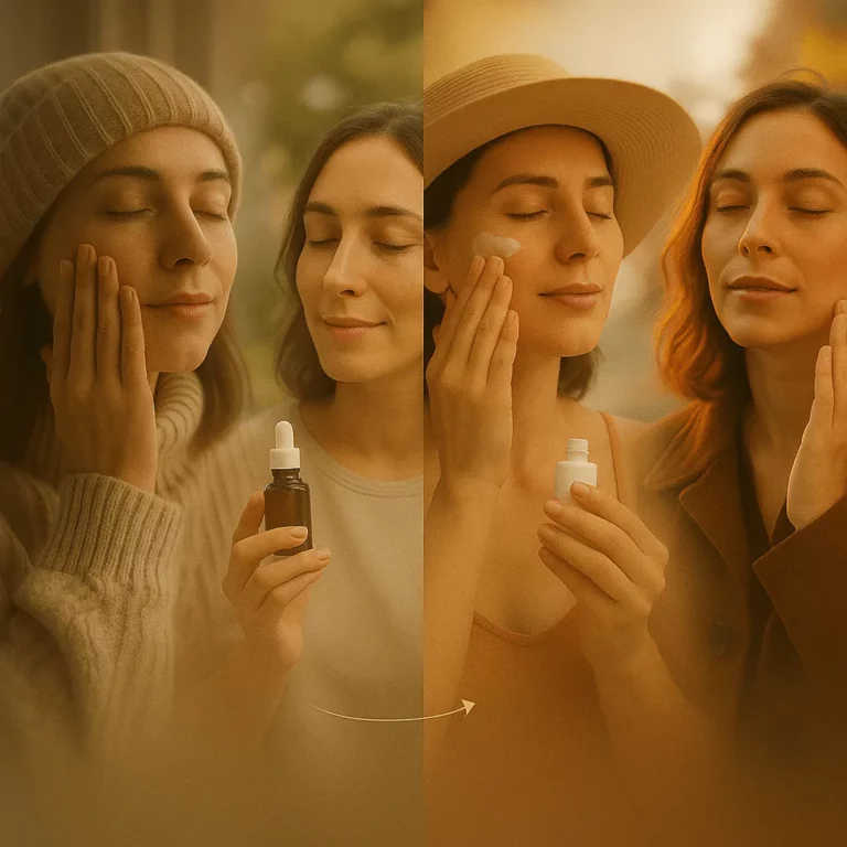 Side-by-side seasonal skincare concept showing two women applying facial serum in cooler weather on the left and sunscreen in warmer weather on the right