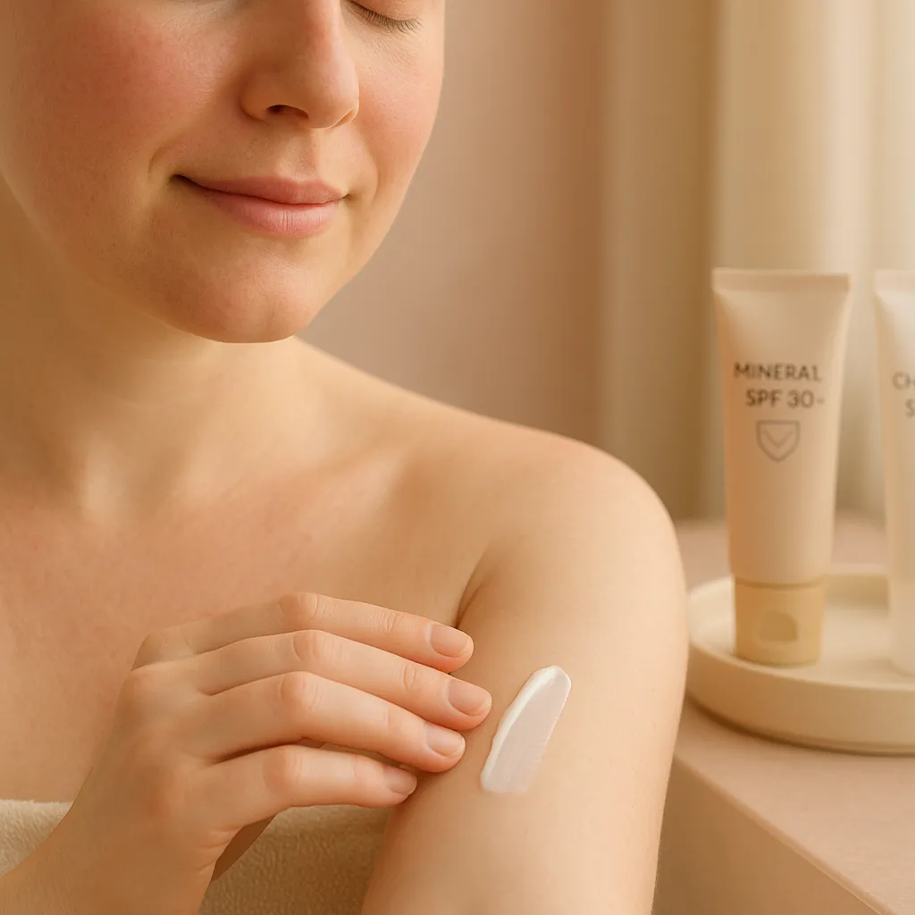 Woman applying a swipe of mineral SPF lotion to her upper arm with sunscreen tubes in the background