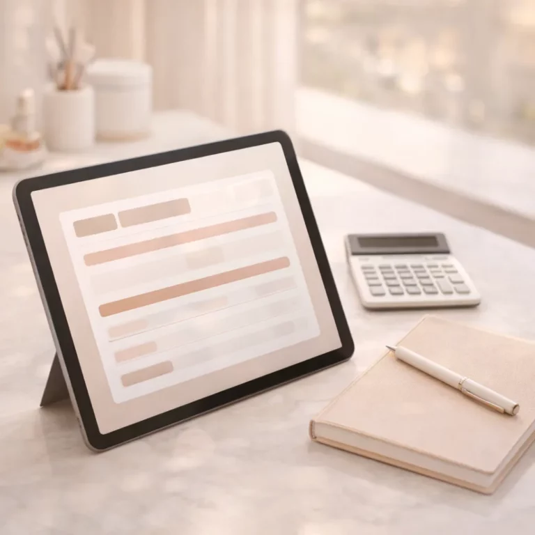 Minimalist workspace with a tablet displaying a digital form on a desk beside a calculator, notebook, and pen in soft natural light