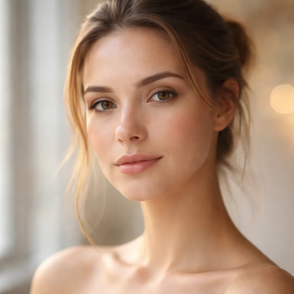 Close-up portrait of a woman with natural makeup, soft lighting, and hair in a loose bun, looking at the camera indoors near a window