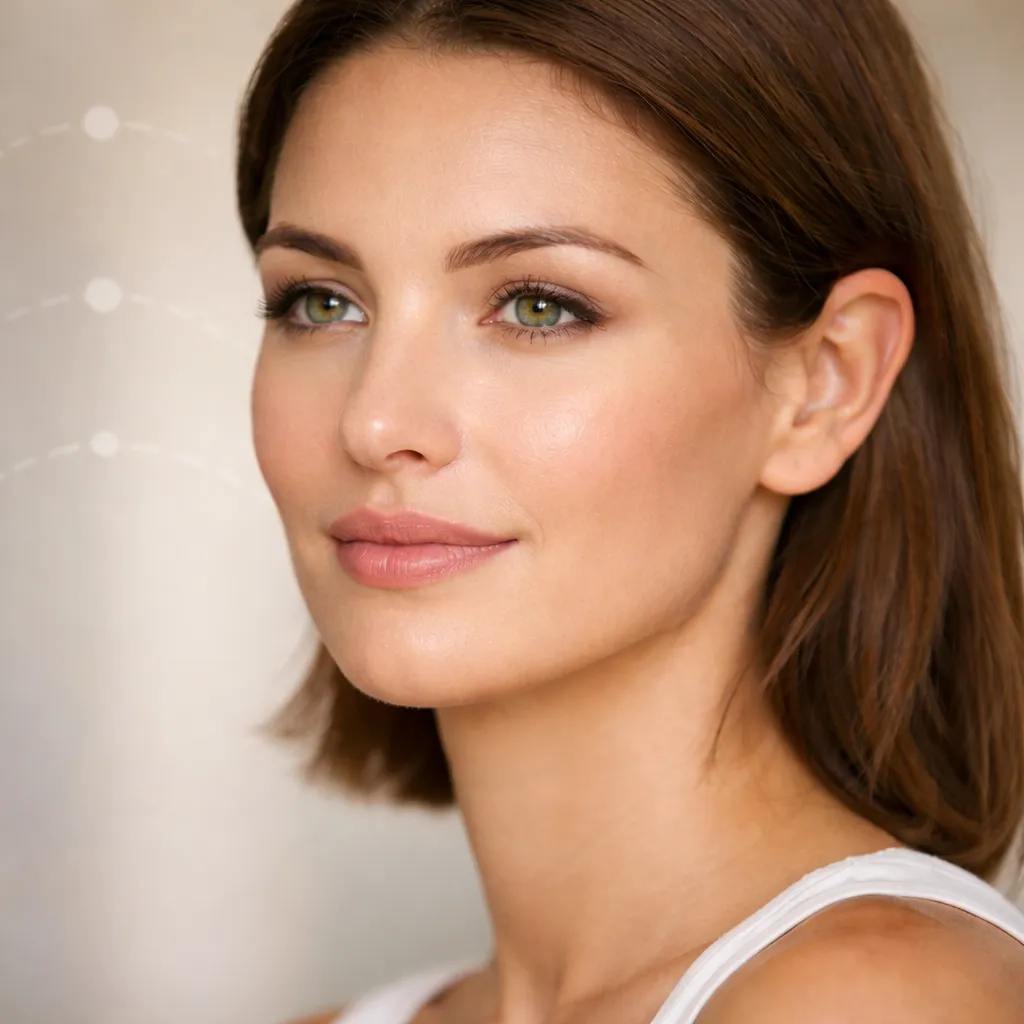 Close-up portrait of a woman with natural makeup, green eyes, and brown hair, facing slightly to the side against a soft neutral background