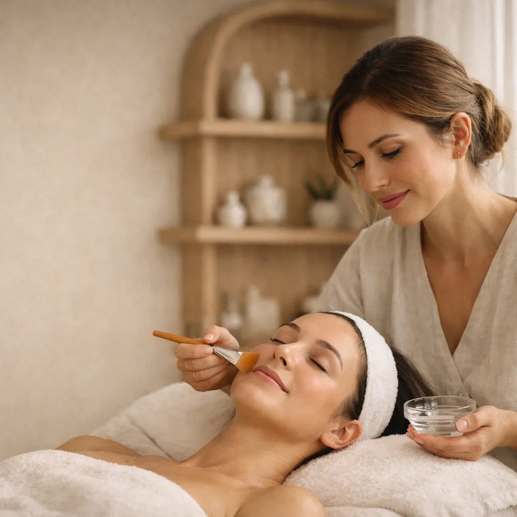 Esthetician applying a facial treatment with a brush to a relaxed woman at a spa, skincare service in a calm wellness setting