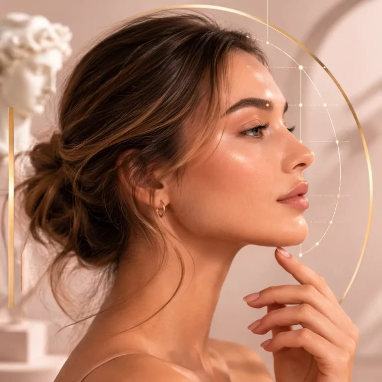 Side profile of a woman with glowing skin and natural makeup touching her chin, with aesthetic golden facial contour overlay suggesting cosmetic enhancement or skincare analysis