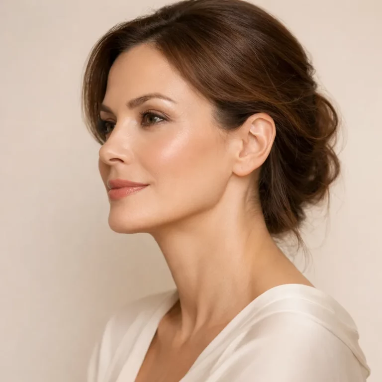 Side profile portrait of a woman with smooth glowing skin and elegant updo hairstyle against a neutral background