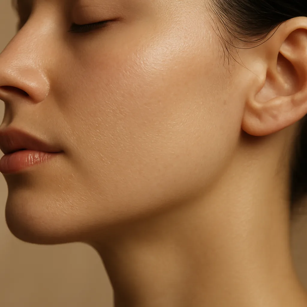Close-up of a woman’s face with smooth, glowing skin and closed eyes showing natural texture and even complexion