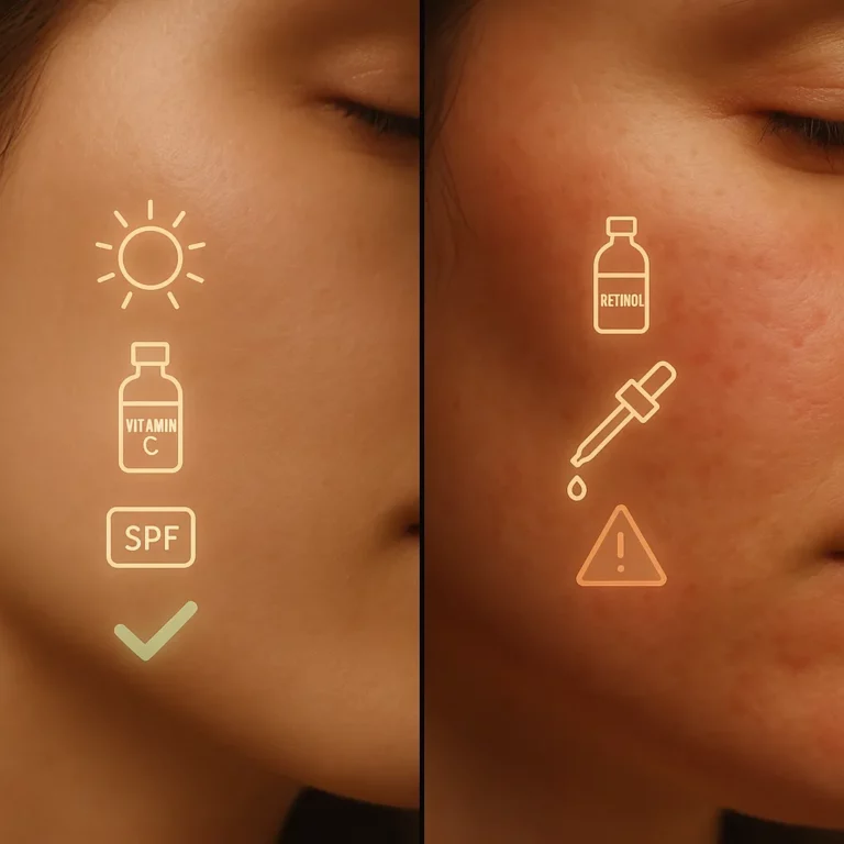 Side-by-side close-up of smooth skin with vitamin C and SPF icons on the left versus irritated, red skin with retinol and caution icons on the right