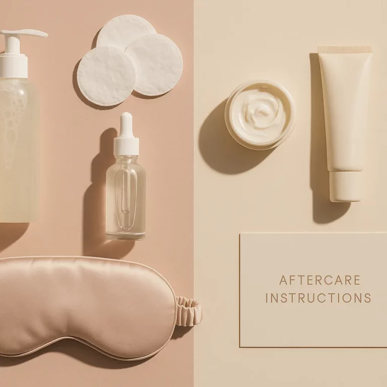 Flat lay of skincare aftercare essentials including a pump bottle, cotton rounds, glass dropper bottle, face cream jar, cosmetic tube, satin sleep mask, and a card labeled “Aftercare Instructions” on neutral beige and blush backgrounds