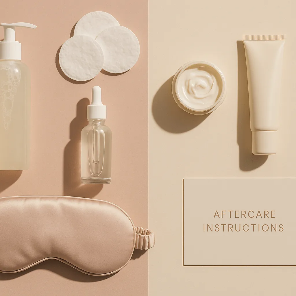 Flat lay of skincare aftercare essentials including a pump bottle, cotton rounds, glass dropper bottle, face cream jar, cosmetic tube, satin sleep mask, and a card labeled “Aftercare Instructions” on neutral beige and blush backgrounds