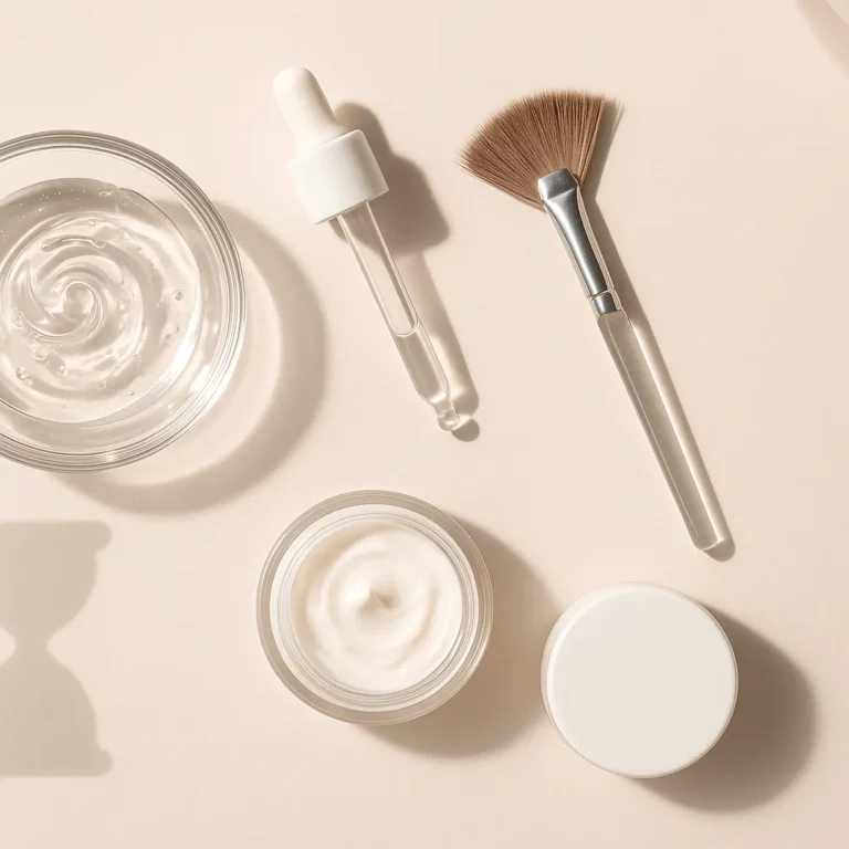 Flat lay of skincare products including face cream, serum dropper, gel, and application brush on a beige background