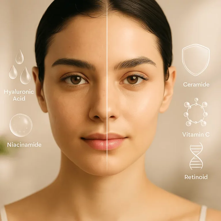 Close-up of a woman’s face divided down the center to show skincare results, with icons and labels for hyaluronic acid and niacinamide on the left and ceramide, vitamin C, and retinoid on the right