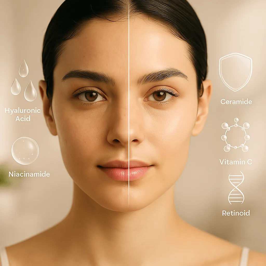 Close-up of a woman’s face divided down the center to show skincare results, with icons and labels for hyaluronic acid and niacinamide on the left and ceramide, vitamin C, and retinoid on the right
