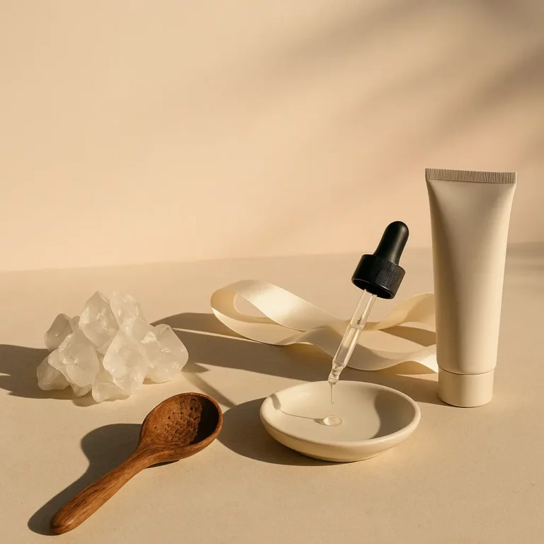 Minimalist skincare product arrangement with a dropper, cream tube, wooden spoon, ribbon, and clear crystals on a beige surface in soft sunlight