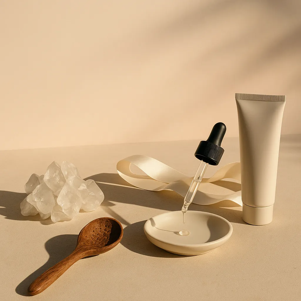 Minimalist skincare product arrangement with a dropper, cream tube, wooden spoon, ribbon, and clear crystals on a beige surface in soft sunlight